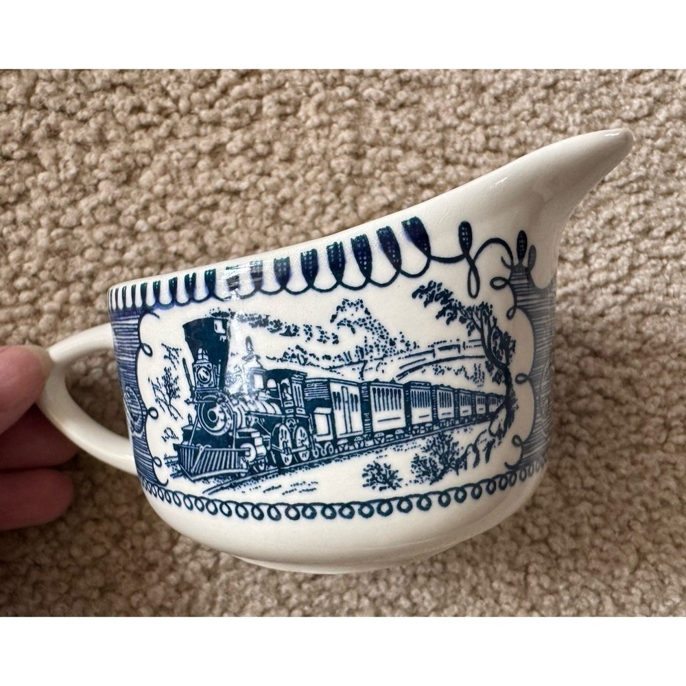 Vintage Currier and Ives Blue White Creamer Royal China The Express Train Scene